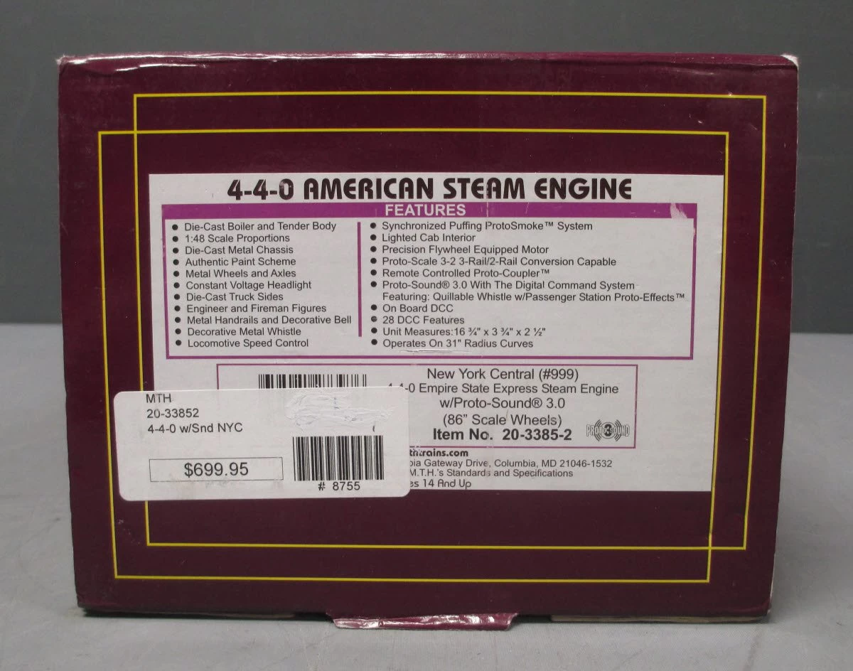 MTH 20-3385-2 NYC 4-4-0 Empire State Express Steam Loco W/PS3 #999 9 MTH 20-3385-2 NYC 4-4-0 Empire State Express Steam Loco W/PS3 #999 - Image 7